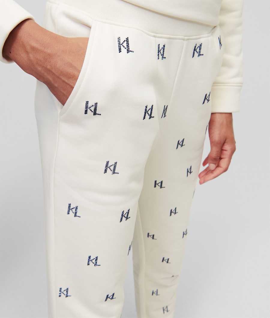 White Karl Lagerfeld Rhinestone Kl Monogram Women's Sweatpants | USA56XLKQ