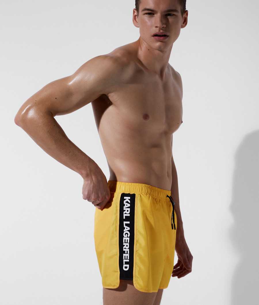 Yellow Karl Lagerfeld Karl Logo Tape Board Shorts Men's Beachwear | USA64JAGR